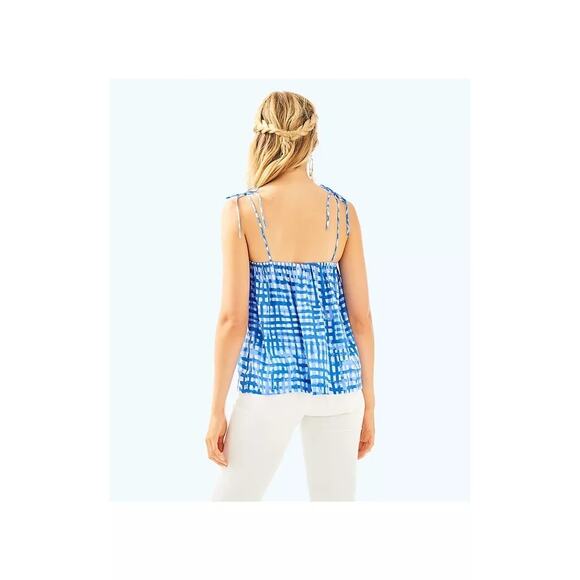 Lilly Pulitzer Silvana Tie-Sleeve Tank Gingham Check Watercolor Blue – Size XS - Picture 4 of 8